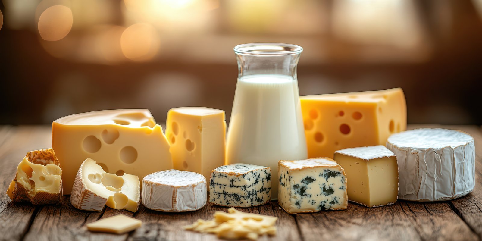 Variety of cheeses and milk displayed on a wooden table in a cozy setting during late afternoon
